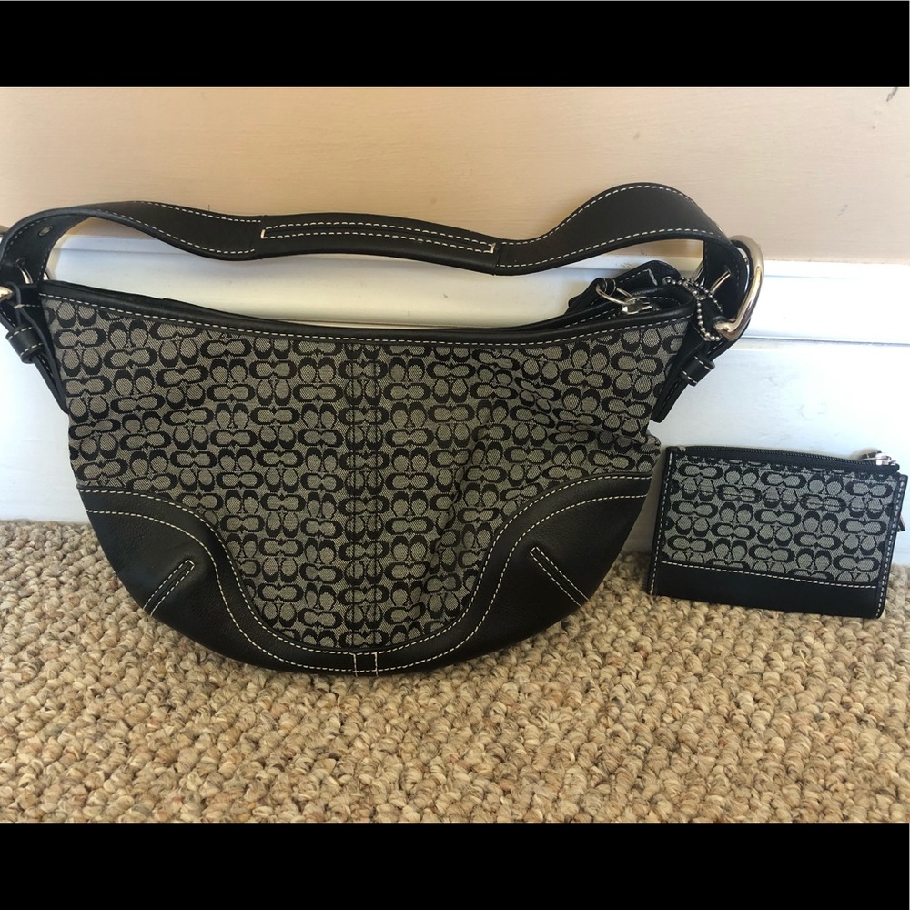 Black leather coach bag with matching coin purse
